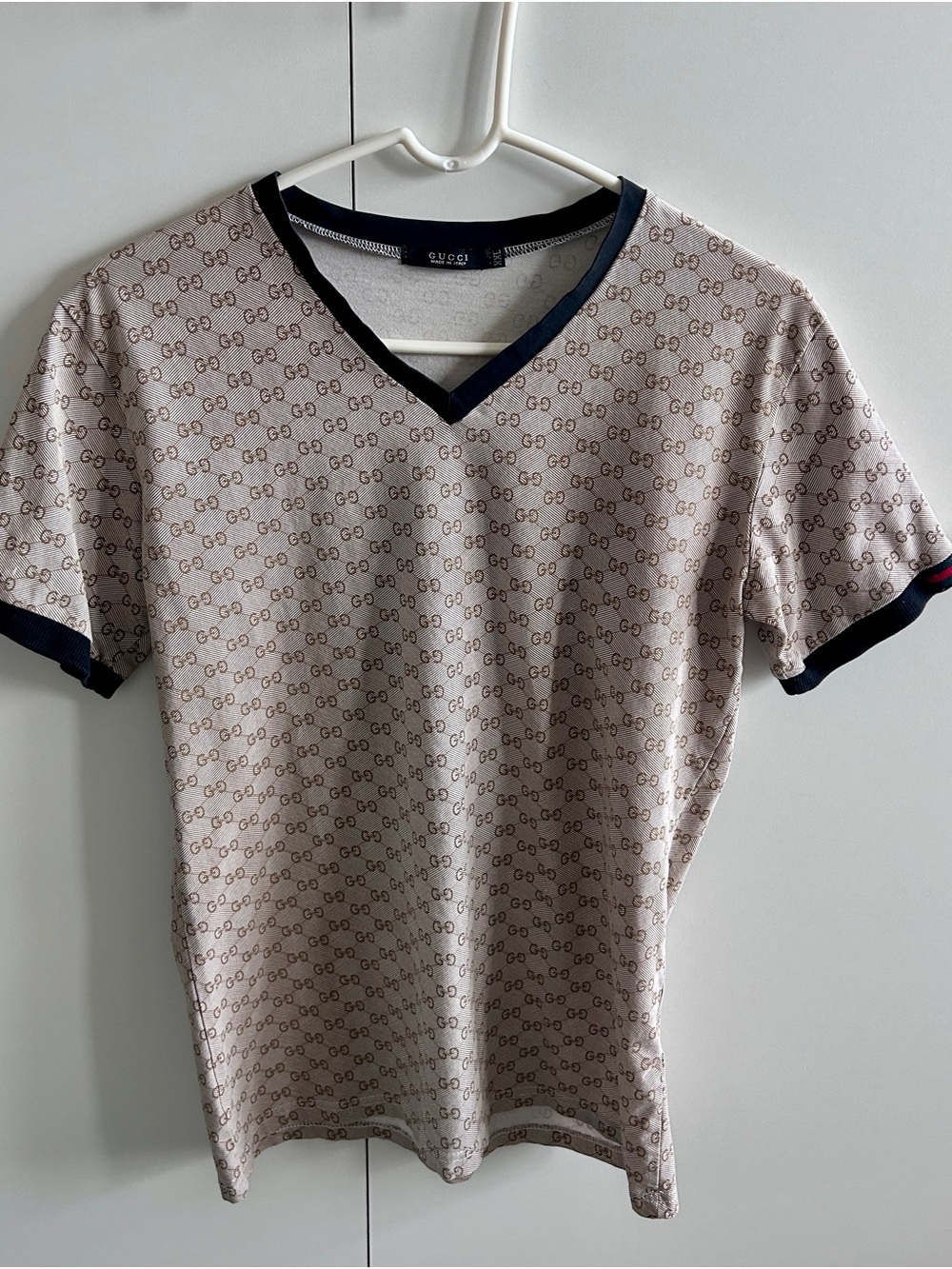 Gucci Beige & Navy Monogram V-Neck Tee